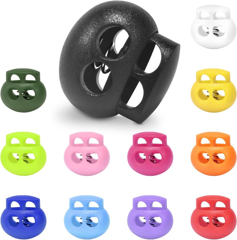 LongSLong 12 Pack Plastic Spring Cord Lock Toggle Stopper for Drawstring, Paracord Cord Stop Elastic Shoelace Lock Shoe Lace No Tie Fastener Slider Clip Double Hole Assorted Color - Image 1